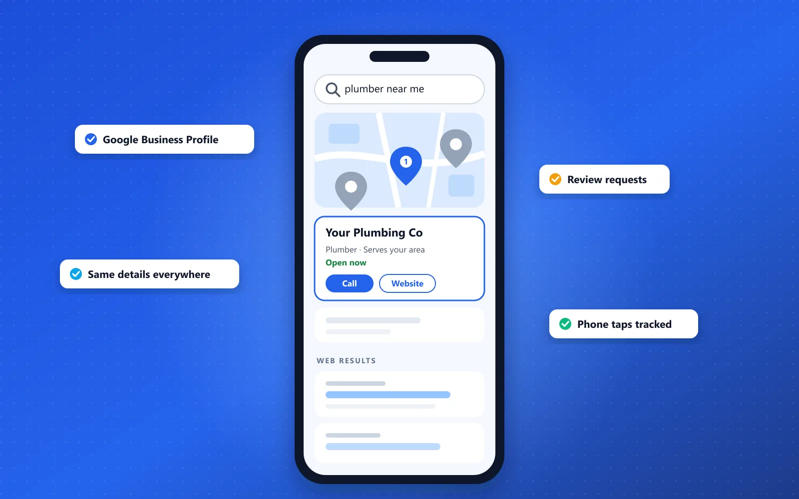 Illustration of a phone showing a local search, with a map-pack listing above the web results