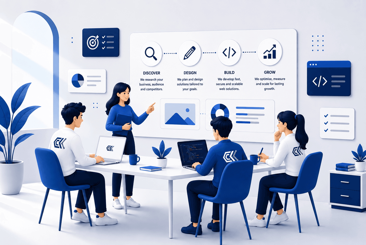 Our mission — a team collaborating around a laptop