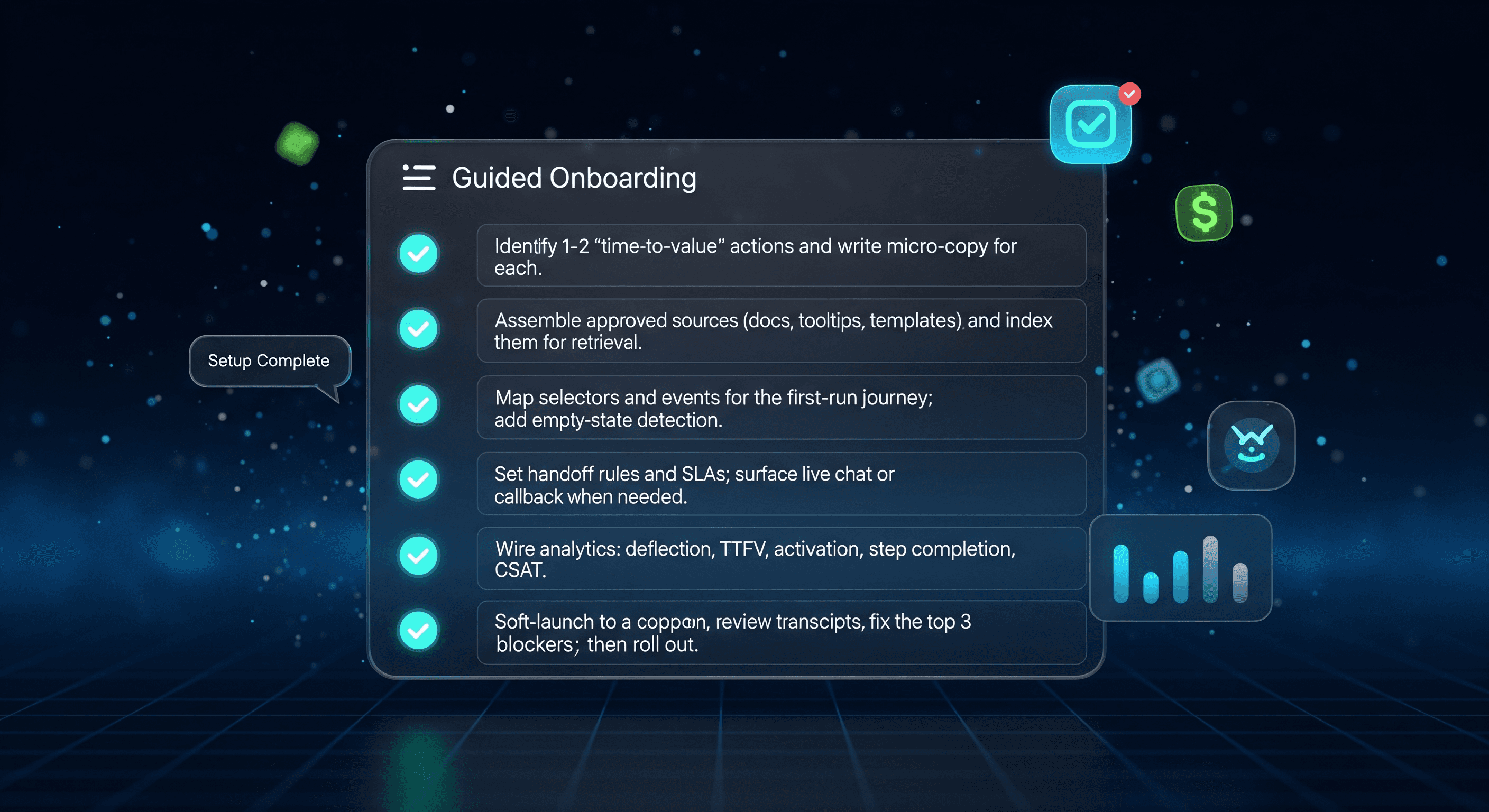 Glassmorphic UI dashboard showing a guided onboarding checklist with all six steps ticked complete and a “Setup Complete” tooltip