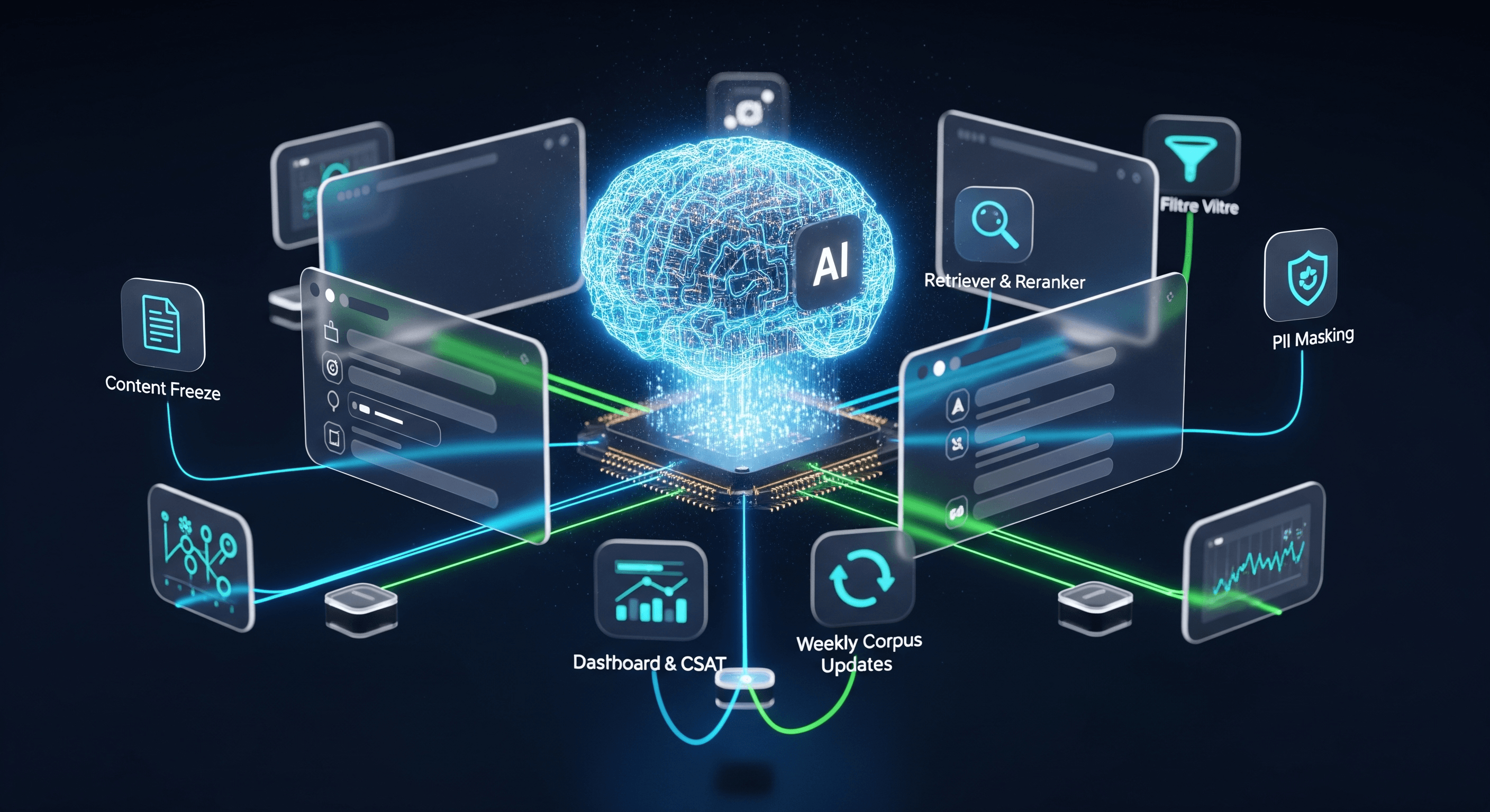 3D glassmorphic AI system showing connected modules for retriever, masking, dashboards, and updates.