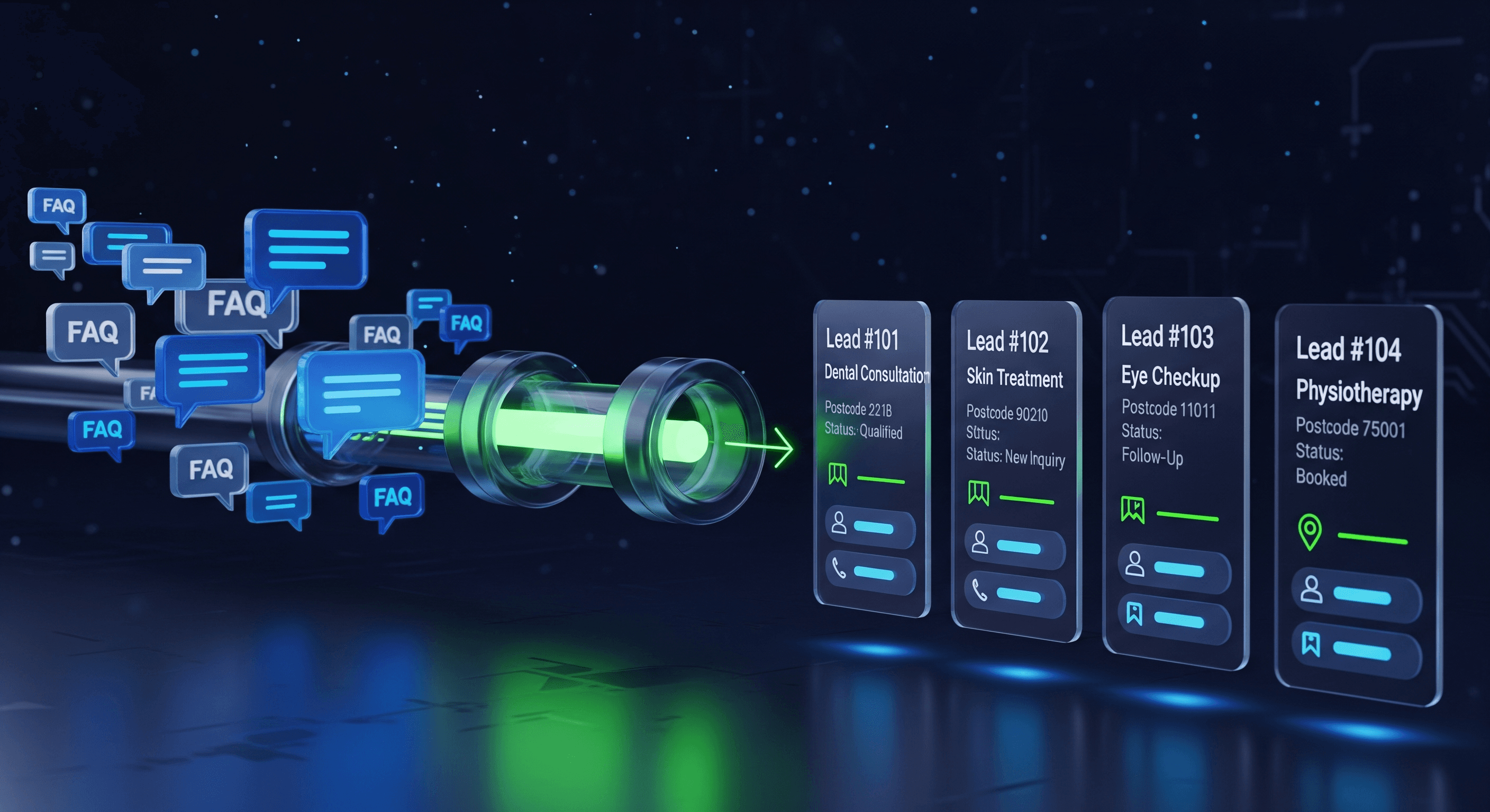 Chat bubble pipeline transforming into qualified lead cards