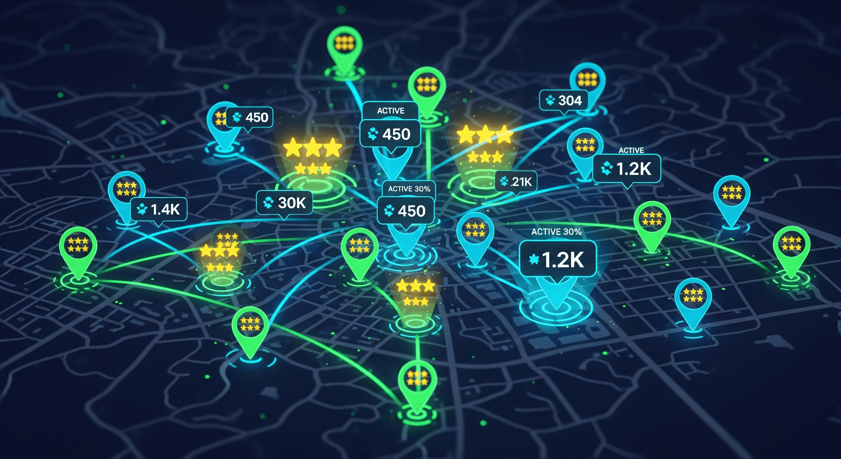 Futuristic city map with glowing pins showing local SEO activity