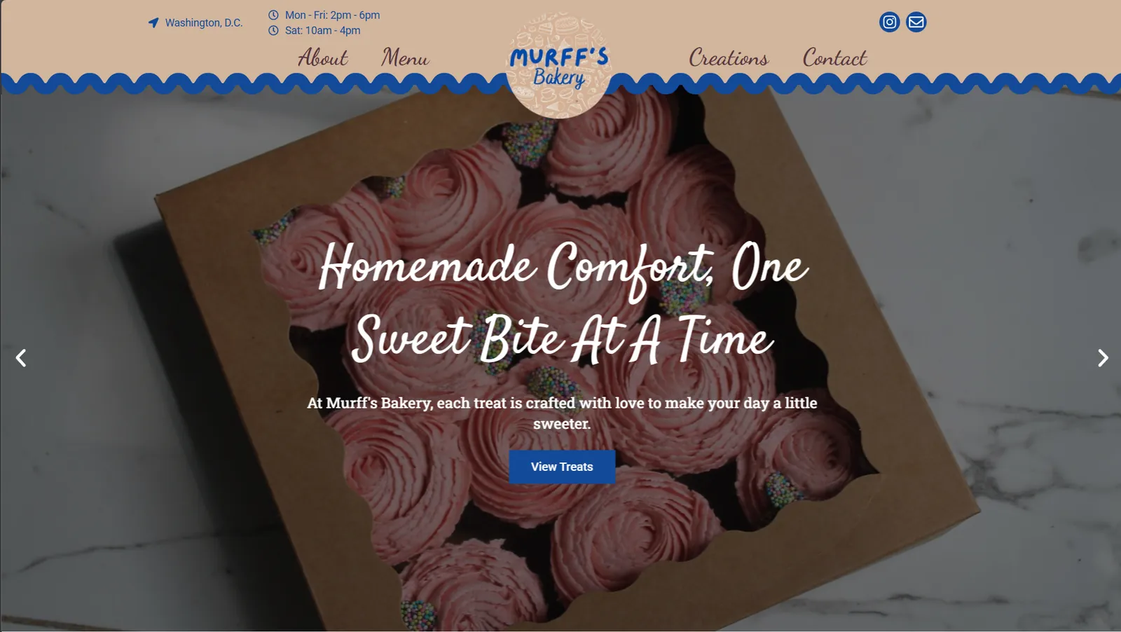 Murff’s Bakery homepage: a box of pink frosted cupcakes behind a handwritten-style welcome headline
